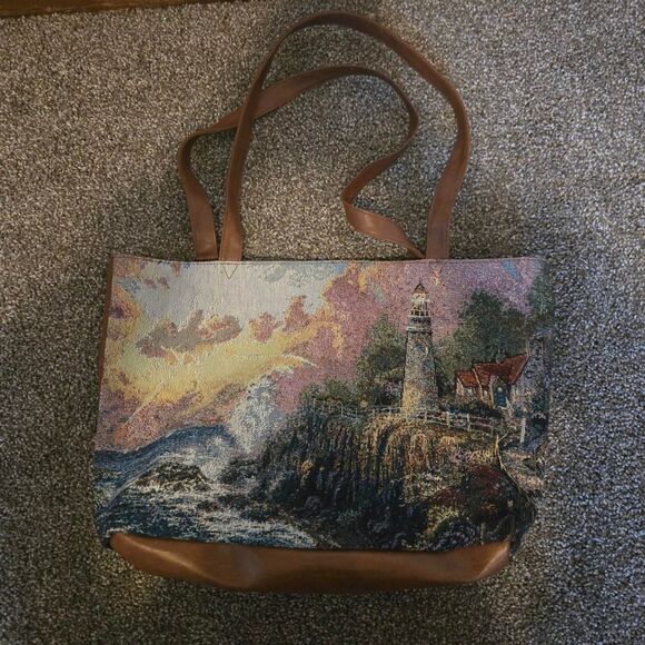 Vintage Thomas Kinkade Embroidered Tapestry Lighthouse Sunset Tote Shoulder Bag - Picture 1 of 6